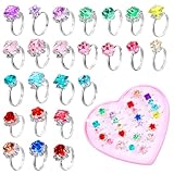 24 Pcs Girls Rhinestone Rings Set, Adjustable Rings for Kids, Princess Jewelry with Heart Box, Random Colors and Style Kids Ring for Little Girls, Toddler Ring for Birthday Pretend Play Dress Up
