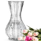 Wrenbury Lily Glass Ribbed Vase for Flowers 20cm - Daffodil Container for Bouquets - Clear Glass Vase for Tulips - For Classic Table Decor