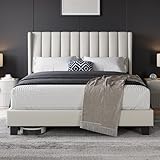Yaheetech King Bed Frame, Upholstered Platform Bed with Channel Tufted Headboard & Wing Side, Wood Slat Support, Mattress Foundation, No Box Spring Needed, Noise-free, 5ft King Bed Beige