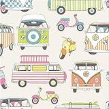 100% Cotton Fabric Lifestyle Happy Campers Camper Van Scooter Moped 140cm Wide (Price Per Metre) (Pink)