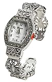 Blekon Collections Japanese Quartz Antique Designed Silver 24mm Marcasite Bangle Watch, Silver-Square