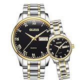 OLEVS Valentines Couple Pair Quartz Watches Luminous Calendar Date Window 3ATM Waterproof Casual Stainless Steel His and Hers Wristwatch for Men Women Lovers Wedding Romantic Gifts Set of 2 Black dial