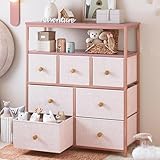 EnHomee Chest of Drawers, Pink Dresser with 7 Fabric Drawers for Girls, Tall Chest of Drawers Bedroom with Sturdy Steel Frame and 2 Layer Wooden Top for Wardrobe, Living Room, Closet, Pink