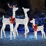 Outopee 3pcs Lighted Christmas Reindeer Decoration, Waterproof 2D Light Up Xmas Deer Family Set Ornament with 200LED Lights & Metal Stakes for Indoor Outdoor Yard Porch Garden Lawn, White