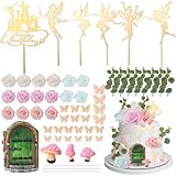 56 PCS Fairy Cake Decorations,Garden Mushroom House Cake Decorations Butterfly Cake Toppers Cupcake Toppers for Kids Girls Birthday Decor