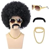 morvally 70s Black Afro Wig for Men with Glasses Chain and Mustache Mens Short Black Curly Disco Costume Wigs 70's 80s Hippie Rocker Funny Cosplay Wigs for Halloween Party