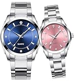 SENRUD Couple Watches Men and Women Gold Silver Stainless Steel Watch Fashion his and Hers Watches Set, Silver blue, Fashion