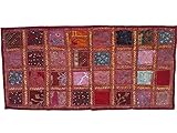 KNOBSWORLD Burgundy Maroon Color Hand Embroidered Vintage Indian Sari Cotton Patchwork Table Runner Bohemian Colorful Indian Decor Wall Hanging (20 X 40) Maroon