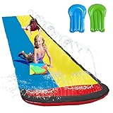KBIBCK 15.7ft/480cm Water Slide, Lawn Water Slides for Kids with 2 Racing Lanes and 2 Body Boards, Slip and Slide Water Slide, Water Slide Mat, Double Slip Water Slide with Sprinkler for Kids, Adults