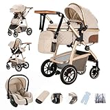 Gcarebb 3 in 1 Prams Travel System, Pushchair with Height Adjustable Handle, Travel Pram with Mosquito Net, Baby Stroller with Aluminum Frame for Newborn 0-4 Years
