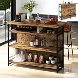 TANGZON 2 in 1 Kitchen Island, Industrial 4-Tier Bar Table with Storage Shelves, Wine Rack, Glass Holders & Footrests, Metal Frame Counter Home Bar Unit Wine Cabinet (Rustic Brown)