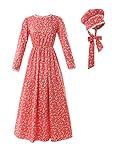 ROLECOS Pioneer Women Costume Floral Prairie Dress Deluxe Colonial Dress Laura Ingalls Costume, Red, Large