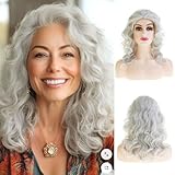 Dsimeig Long Curly Wavy Grey Wig for Women Synthetic Heat Resistant Party Cosplay Hair Wig