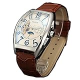 SEWOR Tourbillon Mens Moon Phase Automatic Mechanical Wrist Watch Leather Band Glass Coating Blue (XXL) (Silver White)