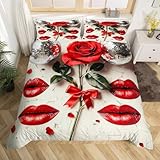 Rose Print Duvet Cover Red Kiss Lip Comforter Cover King for Woman Valentine'S Day Bedding Set,Glitter Sparkling Flora Bed Set