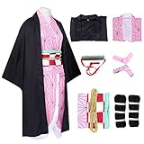 Formemory Nezuko Cosplay Outfit Set 8 PCS for Women Girl Kimetsu Nezuko Kimono Halloween Costumes for Kids