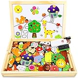 Jojoin 110 PCS Wooden Magnetic Puzzle - Magnetic Puzzle Board - Cute Animal Pattern Games Double Sided Jigsaw - Educational Drawing Easel Blackboard Wood Toys - Montessori Toys For Kids Up 3 Years Old