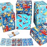 Kids Boys Birthday Gift Wrap Set - Police Car Fire Trucks Crane Ambulance Giraffe Elephant Gift Wrapping Paper Sheets, Tag Ribbion