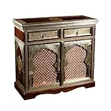 Indian Brass-Inlaid Rosewood Storage Cabinet with Moorish Arched Doors, Handcrafted Console with Intricate Metal Work & Traditional Jali Panels