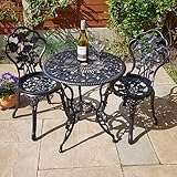 Home Source Rose Garden Patio Outdoor Bistro Set Table and 2 Chairs Metal Garden Furniture, Black