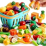 JOYIN 71 Pcs Cutting Play Food Toy Set for Kids Kitchen,Plastic Fruit & Vegetables with Storage Basket,Mini Dishes & Knife,Educational Pretend Play Toys,Toddler Gift