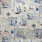Stunning Panama Designer Vintage Cotton Linen Look Fabric in Nautical Design Printed Curtains Blinds Soft Upholstery | 55" - 140 cm Wide | per Metre
