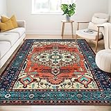 Guchuang Bedding Washable Rugs Living Room 140x200cm Area Rugs Terracotta Rug Vintage Boho Non Slip Carpet Traditional Oriental Rugs Short Pile for Bedroom Dining Room Kitchen Soft Faux Wool Rugs