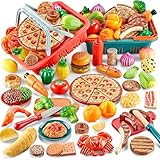 Play Food Sets for Kids Kitchen-80PC Pretend Food with 2 Kids Picnic Basket, Toy Food with Pizza Toy, Plastic Food Cutting Toys, Play Kitchen Accessories - Fake Food, Boys Girls Gifts