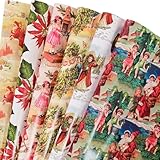 Dtiafu Vintage Christmas Wrapping Paper Retro Xmas Gift Wrap Paper - 12 Sheet 6 Style Holiday Wrapping Paper with Santa Tree Angel Floral Patterns for Women Men Boys Girls - 20 x 28 Inch Per Sheet