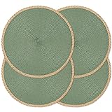 Noctiflorous Round Braided Placemats Set of 4 Table Mats 15 Inches Washable Heat Resistant for Dining Table Non-Slip Indoor Outdoor Place Mats for Thanksgiving Christmas Easter(Green Thin Edge 4)