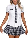 Women Schoolgirl Lingerie Roleplay Lingerie Set Sexy Student Costumes Mini Tartan Skirt Anime Cosplay Costume Ladies Nightwear Babydoll Sets (White & Navy Blue, One Size)