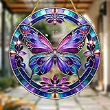 Vibrant Flower Butterfly Stained Windows Hanging Suncatcher,Flower Stained Glass Suncatchers Window Ornament Stained Glass Panel Sun Catcher Wall Hanging Decor Birthday Gifts
