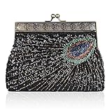 YYW Vintage Clutch Sequin Teal Peacock Unusual Antique Beaded Sequin Evening Handbag Women's Fashion Designer Elegant Purse (Black)