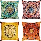 Boho Cushion Covers 45x45 cm, Set of 4 Indian Hippie Mandala Flower Pattern Bohemian Style Decorative Throw Pillow Covers, Cotton Linen Square Exotic Pillow Cases 18x18 Inch for Sofa Bedroom Outdoor