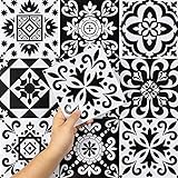 Hode Kitchen Bathroom Tile Stickers Stick on Tiles, Sticky Back Peel and Stick Self Adhesive Wall, Vinyl Waterproof Black and White Moroccan, 24pcs 15x15cm