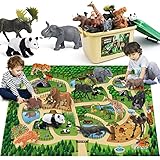 FRUSE Safari Animals Figures Toys with 145x98cm Jumbo Play Mat,12PCS Jungle Zoo Animals Playset with Lion,Elephant,Educational Learning Toys for Kids