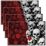 Red Rose Placemats Abstract Human Skull Gothic Style Place Mats for Kids Teens Adults Wild Outdoor Romantic Flowers Decor Kitchen Mats for Dining Table 12x18 Inch Set of 4