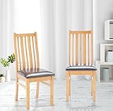 Hallowood Furniture Oak Dining Chairs Set of 2 with Bonded Leather Seat Pad, Stylish Solid Wooden Light Oak Kitchen Dining Room Chairs in Dark Brown Seat for Home and Restaurant