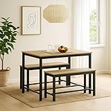 URBNLIVING 3-Piece Dining Table Set – Wooden Table with Sturdy Metal Frame & 2 Benches – Space-Saving Furniture for Kitchen, Dining Room, or Living Area - Oak