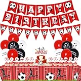 Funmemoir Red and White Football Birthday Decorations Happy Birthday Banner Triangle Flag Banner Cupcake Cake Toppers Tablecloth for Boys Football Fans Football Theme Bday Decorations