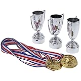 Multi sport Award Plastic Golden Trophy Cups Lightweight Award Medals For Party Favors Props Winning Prizes Competitions Medals With Neck Ribbons Olympic Style For Kids And children (3 trophy cups)
