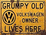 BigBazza Vintage Rustic Advertising Retro Wall Tin Plaque 20x15cm - Pub Shed Bar Man Cave Home Garage Kitchen Gift Metal Sign - Grumpy Old inspired VOLKSWAGEN VW Owner Lives Here, yellow