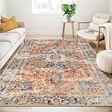 Guchuang Bedding Washable Rugs Living Room Area Rugs Orange Vintage Boho Rugs Large Non Slip Carpet Moroccan Short Pile Rug for Bedroom Dining Room Kitchen Soft Faux Wool Rug 120x170cm