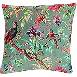 Paoletti Paradise Square Cushion Cover - Mineral Colourful Bird Print Velvet Feel Cotton Fabric (50 x 50 cm, Pack of 1)