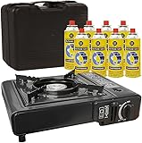 Portable Gas Cooker Camp Stove + 8 Butane Gas Canisters - For Outdoor Camping, Fishing, Cooking & BBQ | Premium Burner, Automatic Ignition & Heat Control, EN417 Compliant - Black Grill & Carry Case