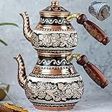 Copper Turkish TeaPot Tea Kettle Pots Set for Stove Top Stovetop Decorative Infuser Vintage Antique Arabic Farmhouse Glasses Tray Cups Serving Party Moroccan Decor Style Persian Kitchen Women