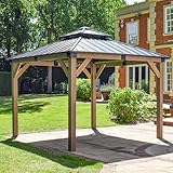 BPS Grand Wooden Garden Gazebo | Outdoor Hardtop Gazebo Canopy | 2-Tier Steel Roof |Cedar Wood Frame |Outdoor Patio Shelter | Brown & Black (3m x 3m)