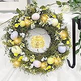 Artificial Easter Wreath Decorations with LED String Lights,Hanger - 40cm for Front Door,Wall Hanging,Spring Wreath with Eggs for Easter Holiday Home Party Wall Decor