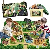 Mini Tudou 12 Pcs Safari Animals Figures Toys w/ 145x98CM Large Activity Play Mat, Realistic Jumbo Jungle Wild Zoo Animals Figurines Playset w/ Elephant, Giraffe, Lion for Kids Toddlers Boys & Girls
