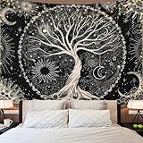 Dremisland Tree of Life Tapestry Trippy Mandala Wall Tapestry Sun and Moon Tapestries Black Galaxy Stars Bohemian Aesthetic Wall Hanging Bedroom Home Decor (L/148X200cm(58"X79"), Black)